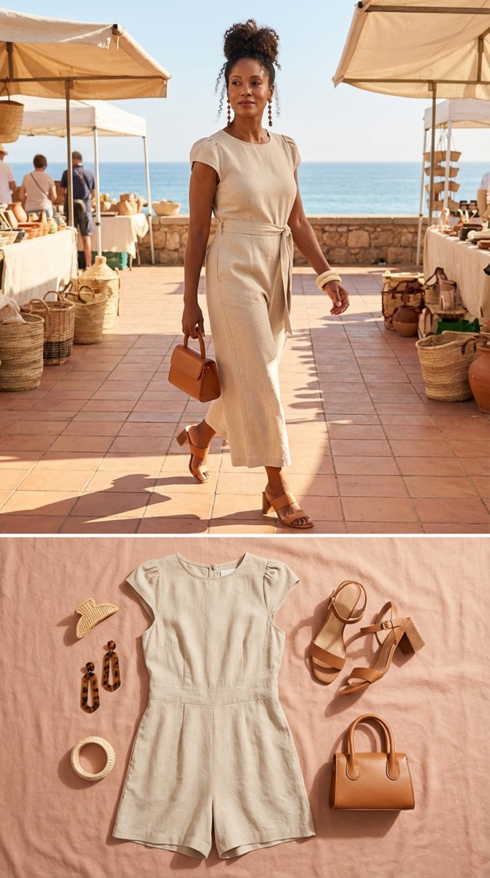 Sand Linen Romper With a Defined Waist Seam: One Piece, One Line, Maximum Ease