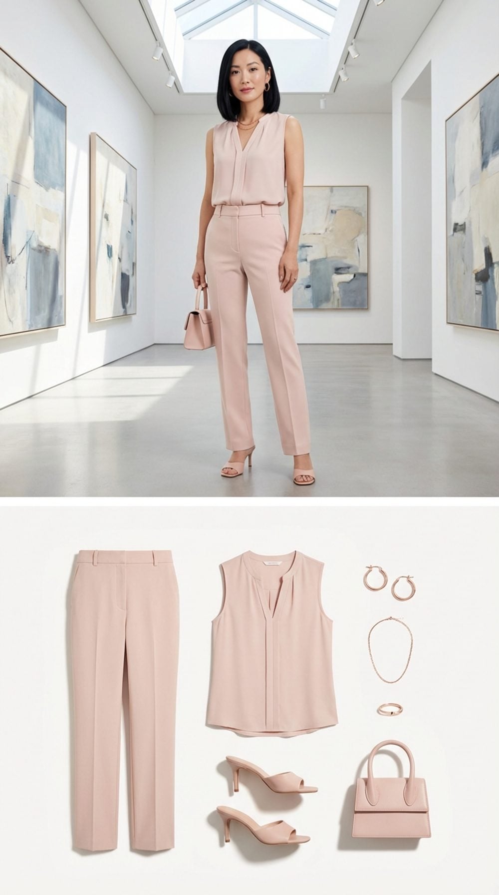 Light Blush High-Rise Trousers and a Sleeveless Blouse: The Uninterrupted Vertical Line