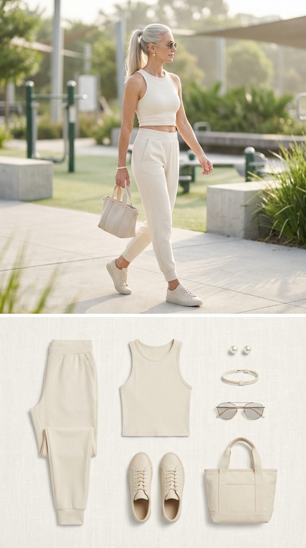 Cream Athleisure Done Right: Monochrome Joggers and a Fitted Tank That Slim as They Relax