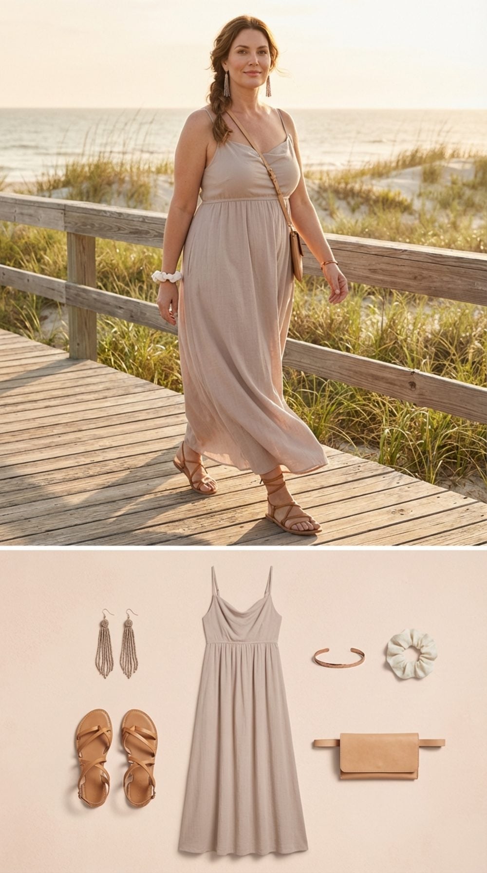Pale Taupe Maxi Dress With an Empire Waist: Length as the Ultimate Slimming Tool