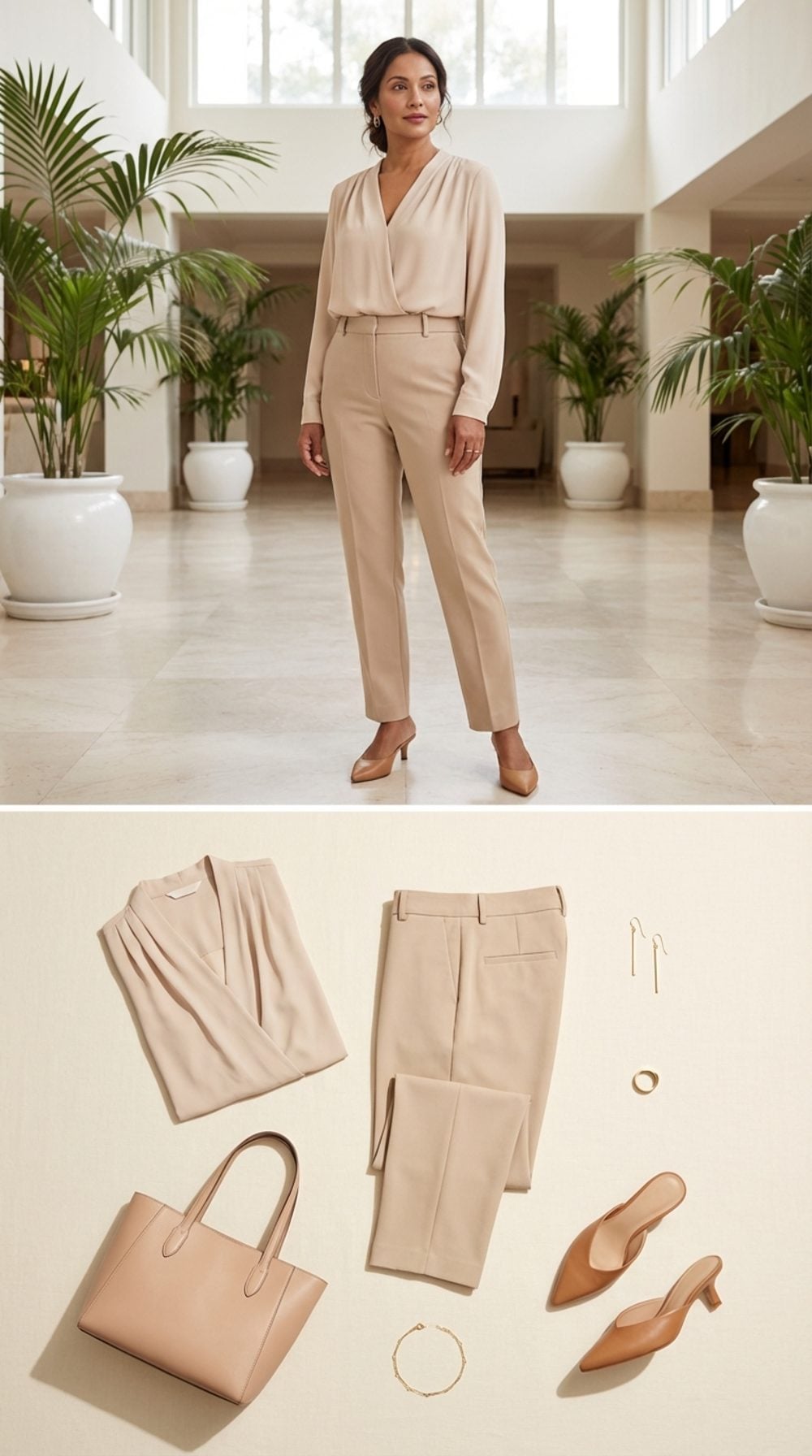 Pale Sand Draped Blouse With Tapered Trousers: Soft Fabric, Sharp Silhouette