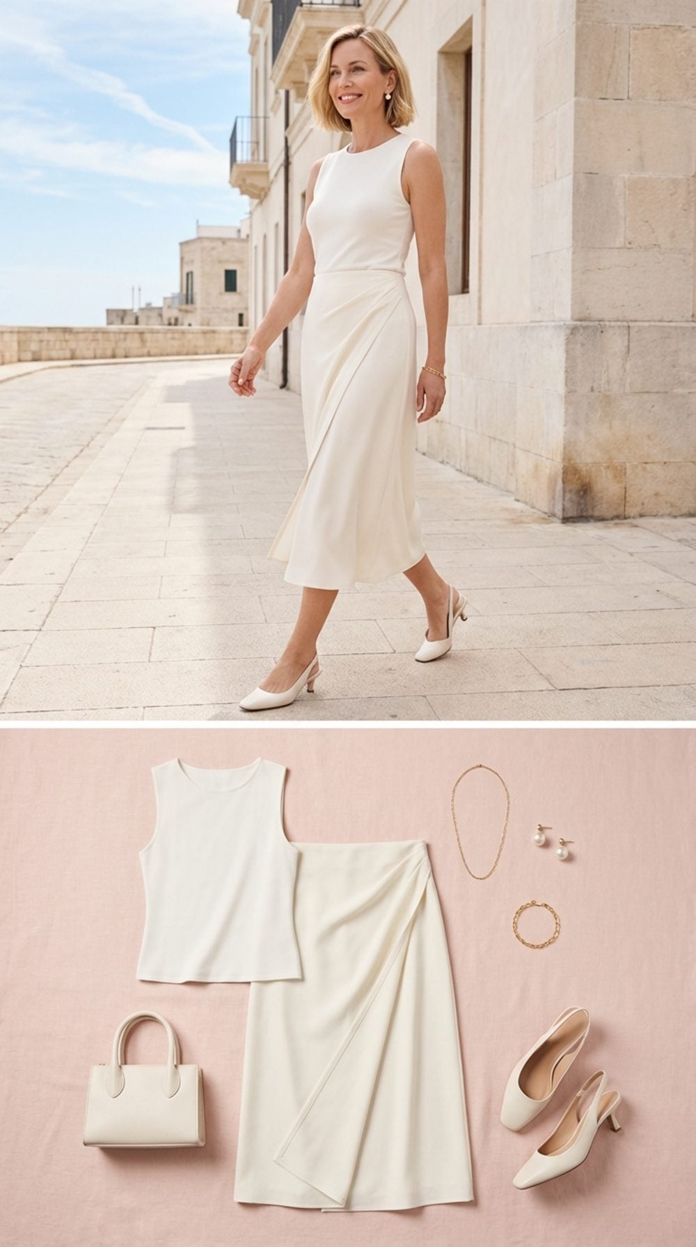 Ivory Midi Wrap Skirt and Sleeveless Shell: The Diagonal That Slims the Waist
