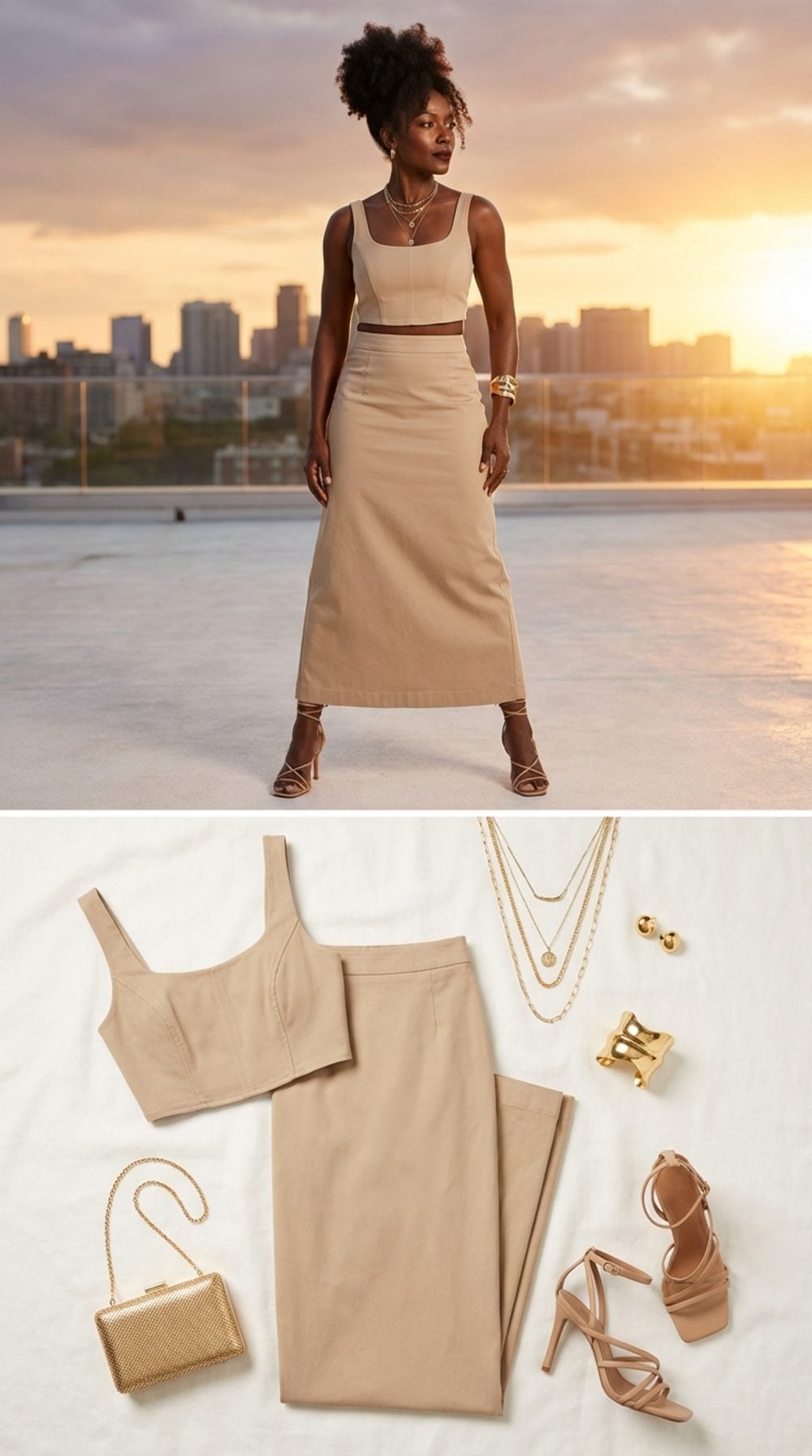 Beige Column Maxi Skirt With a Cropped Structured Top: Proportion as the Point