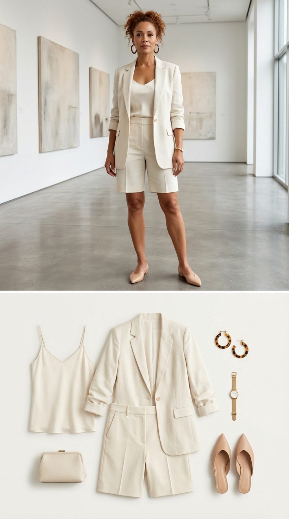 Light Cream Shorts Suit With a Longline Blazer: Vertical Structure in Summer Weight