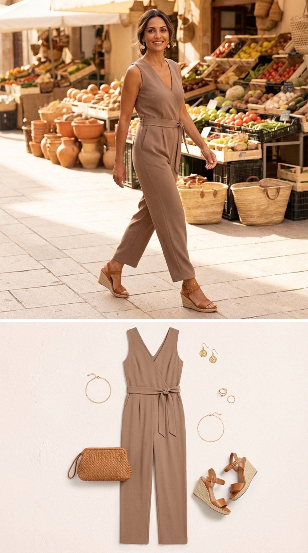Warm Taupe Sleeveless Jumpsuit: Clean Lines from Shoulder to Hem