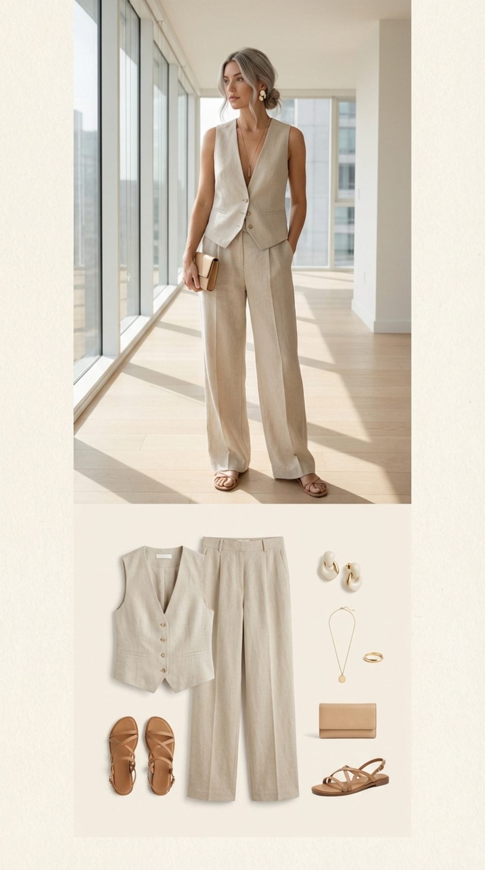 Light Sand Wide-Leg Trousers and a Structured Vest: Tonal Dressing at Its Most Architectural