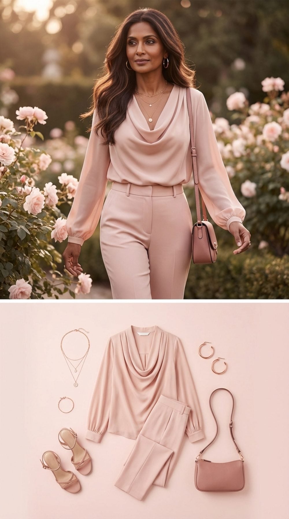 Soft Blush Monochrome With a Draped Blouse: Fluid Fabric as a Silhouette Strategy