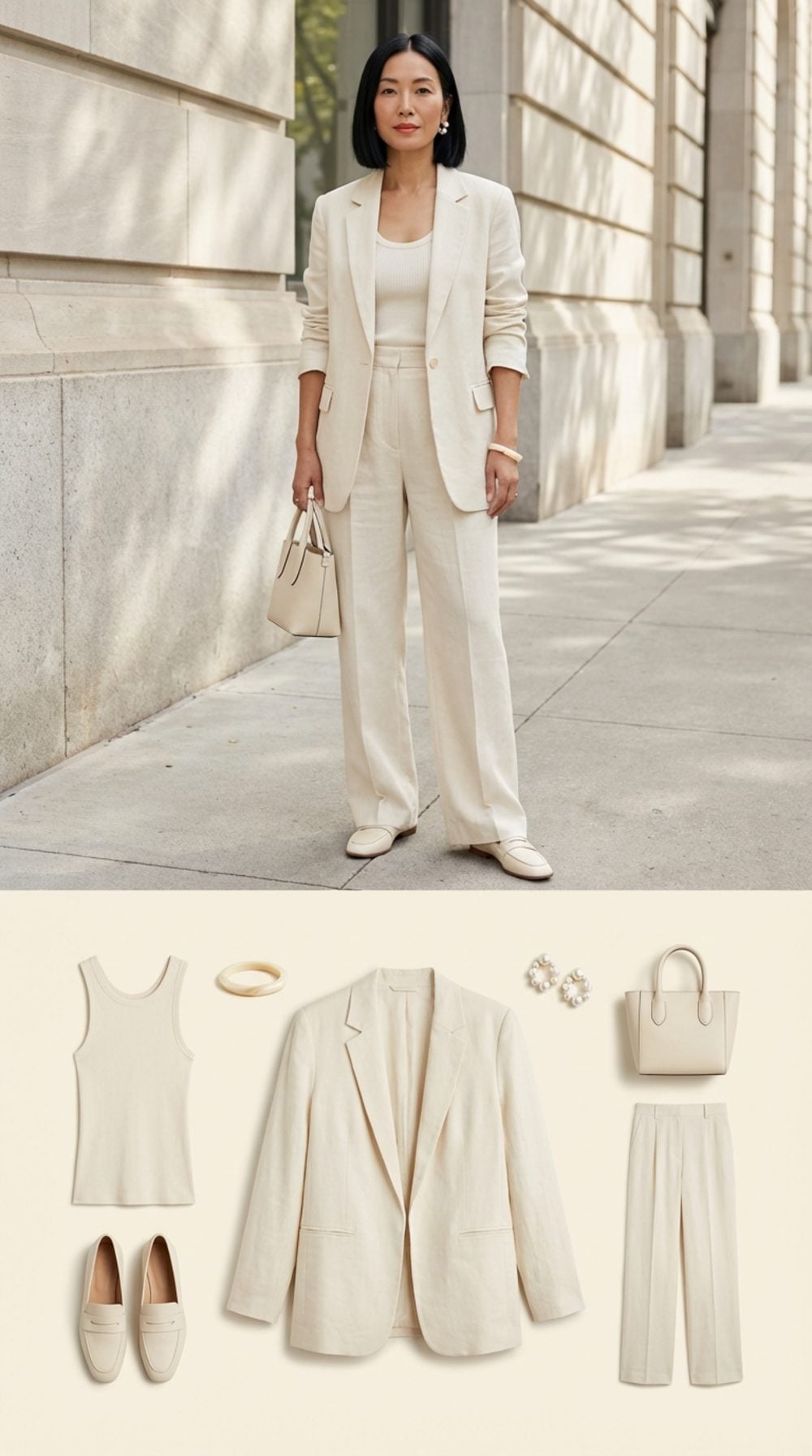 Cream Linen Blazer Over a Tonal Tank and Trousers: The Open Front Is Doing All the Talking