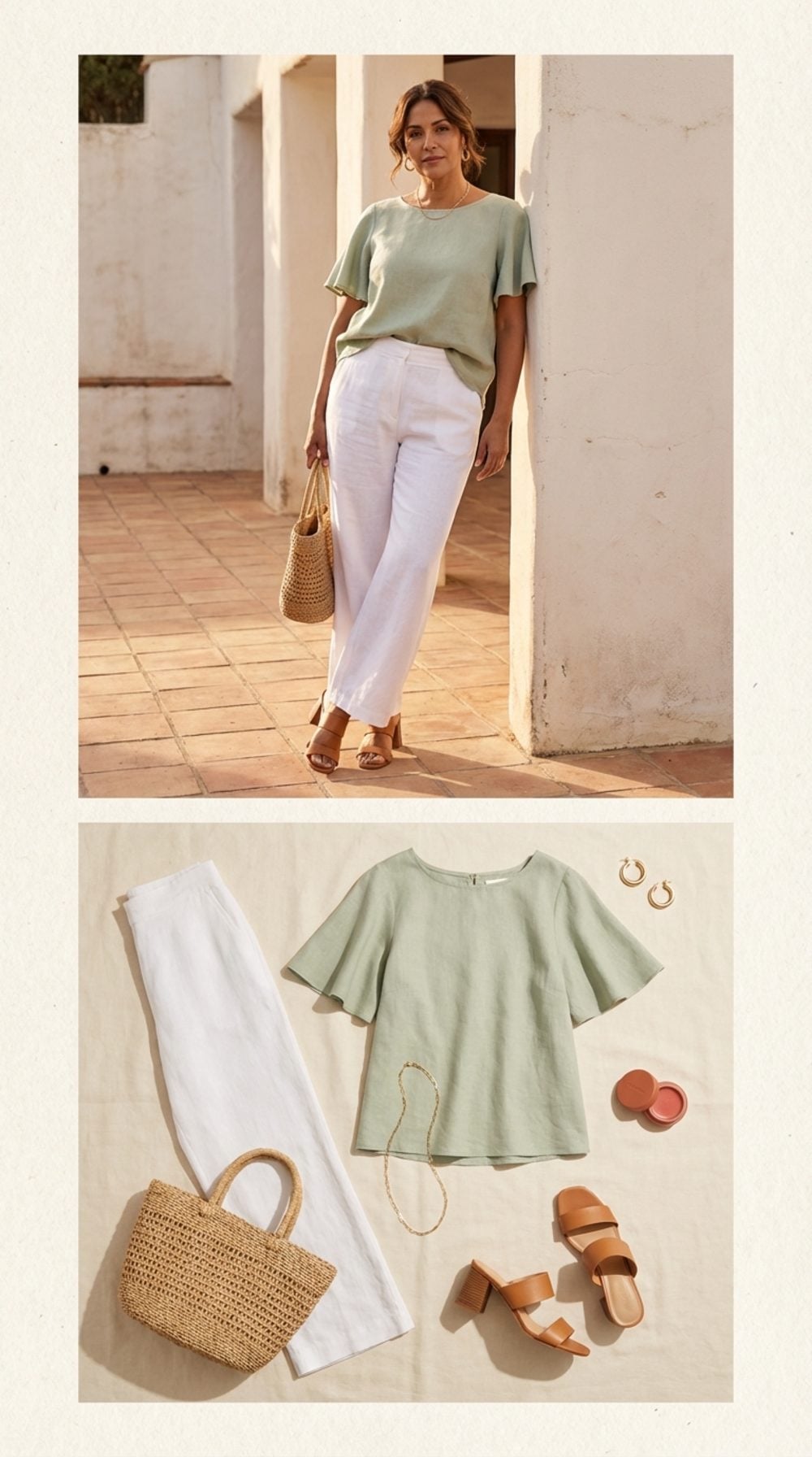 Flutter-Sleeve Linen Blouse + Wide-Leg White Trousers: The Shoulder Trick That Actually Works