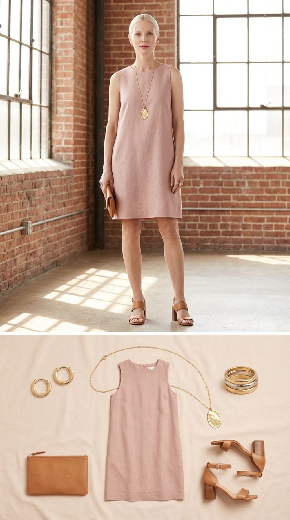 Sleeveless Shift Dress + Long Pendant Necklace: The Vertical Line That Does the Most