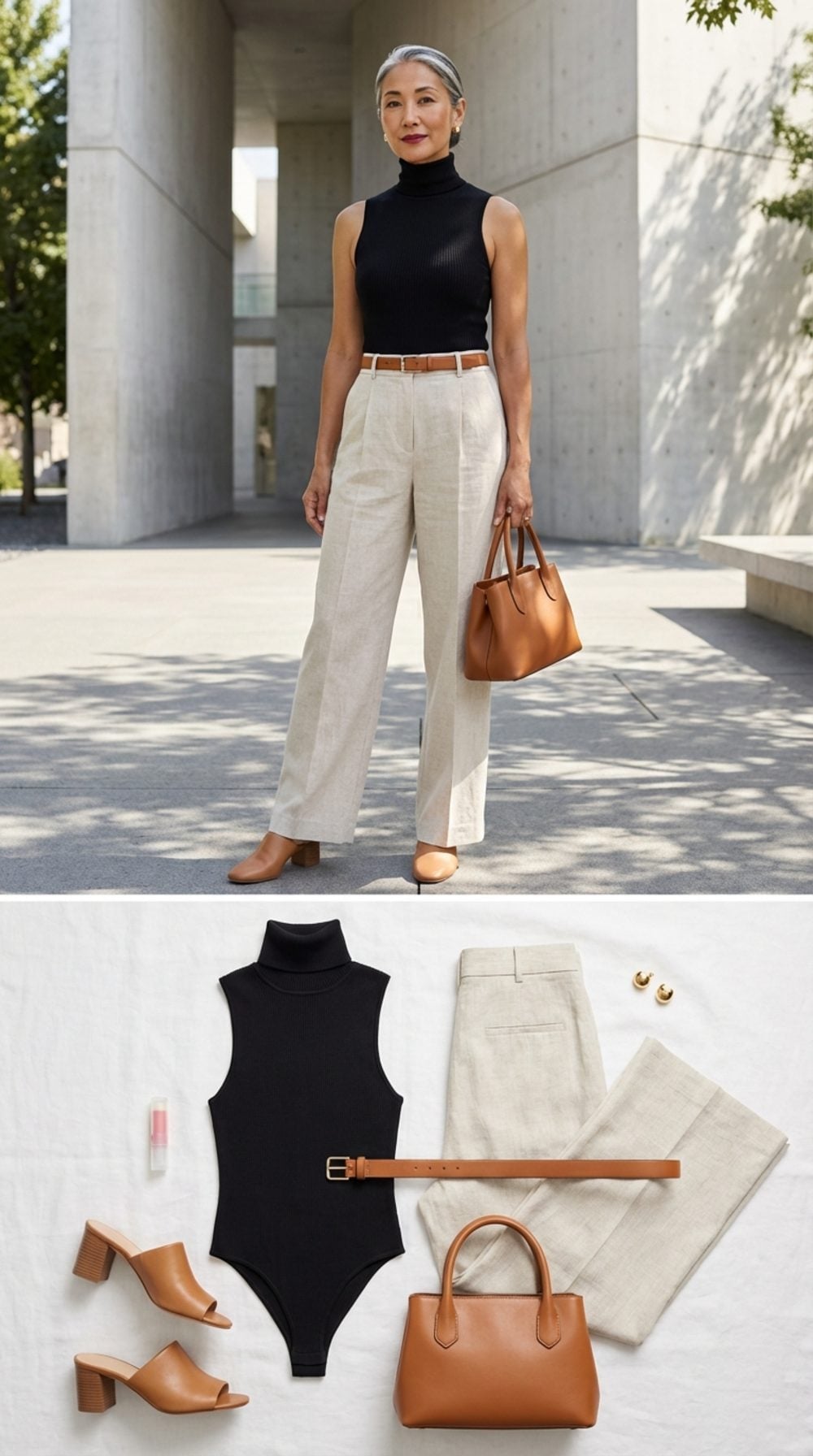 Sleeveless Turtleneck Bodysuit + Wide-Leg Linen Pants: The Unexpected Summer Power Move