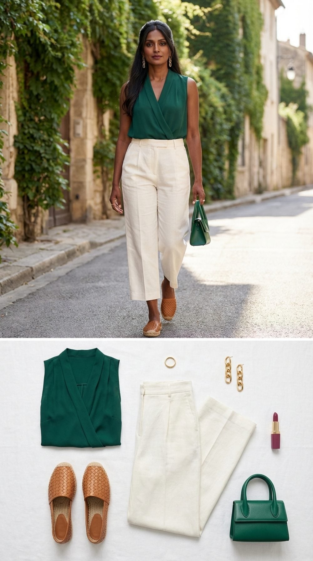 Sleeveless Wrap Blouse + Cropped Wide-Leg Trousers: The V-Line That Slims Everything