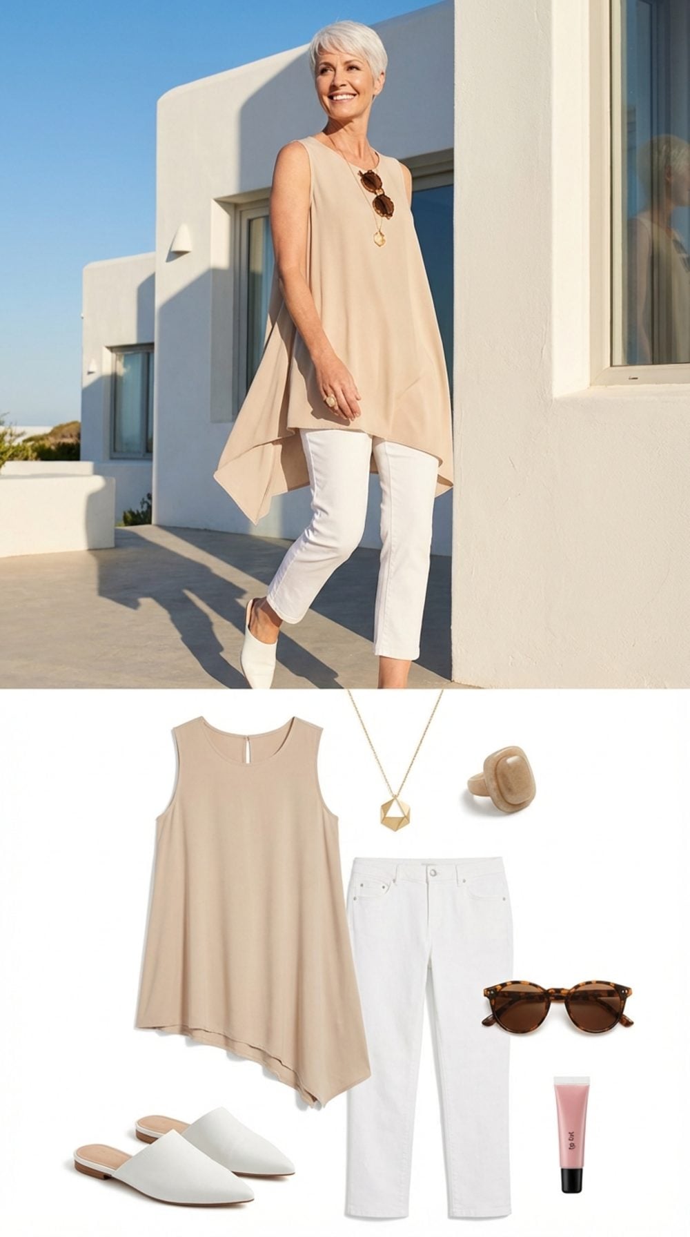 Asymmetric Hem Sleeveless Tunic + Slim Cropped Pants: Motion as a Styling Strategy