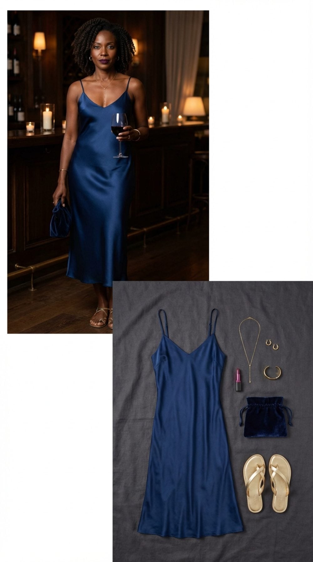 Silk Slip Dress in Deep Sapphire + Strappy Sandals: The Minimalist's Quiet Confidence