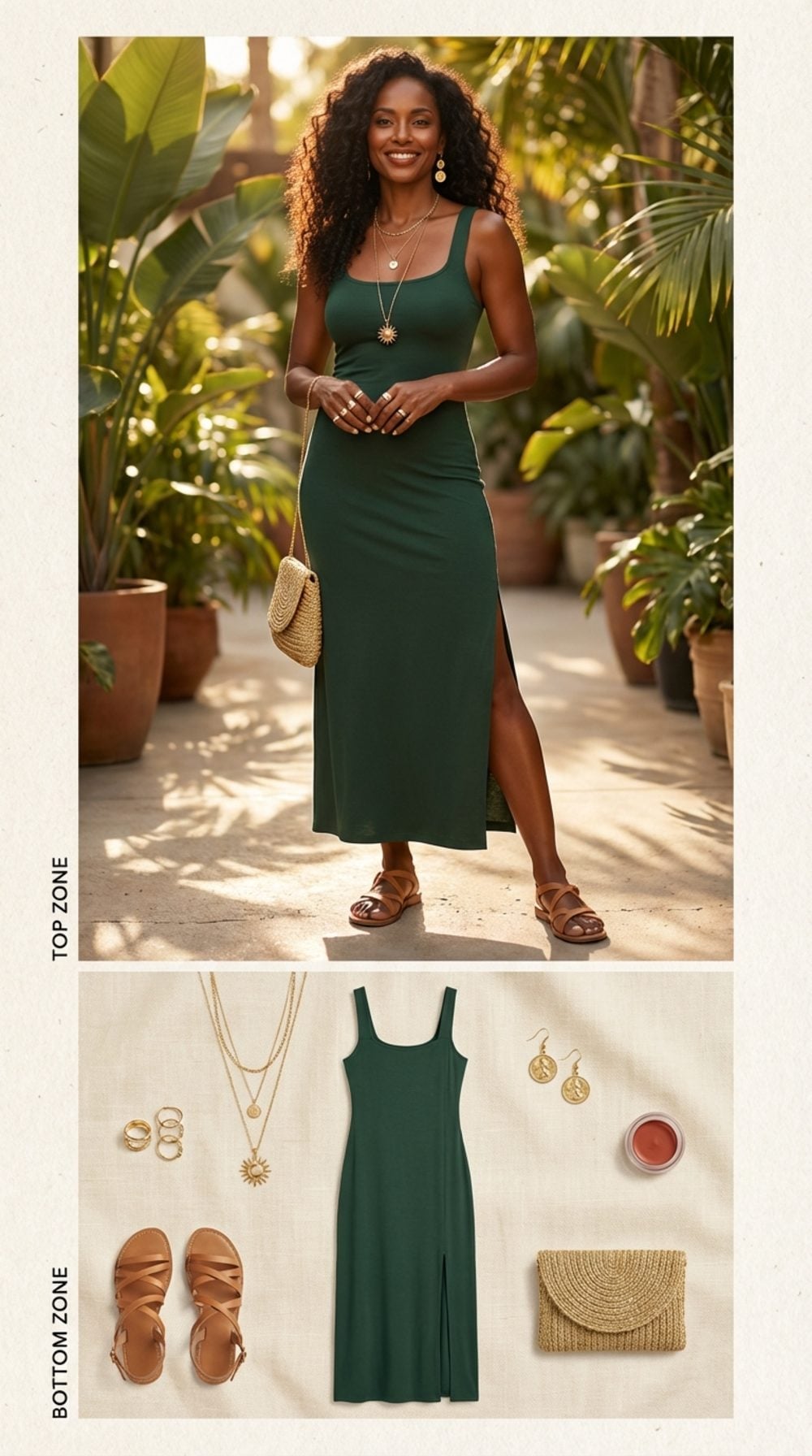 Tank Maxi Dress With a Side Slit + Layered Gold Jewelry: The Vertical Line That Does Everything