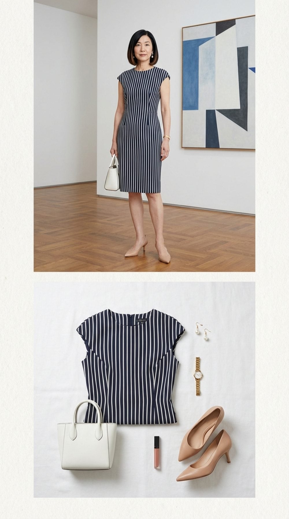 Cap-Sleeve Sheath Dress in a Vertical Stripe: Architecture for the Arms