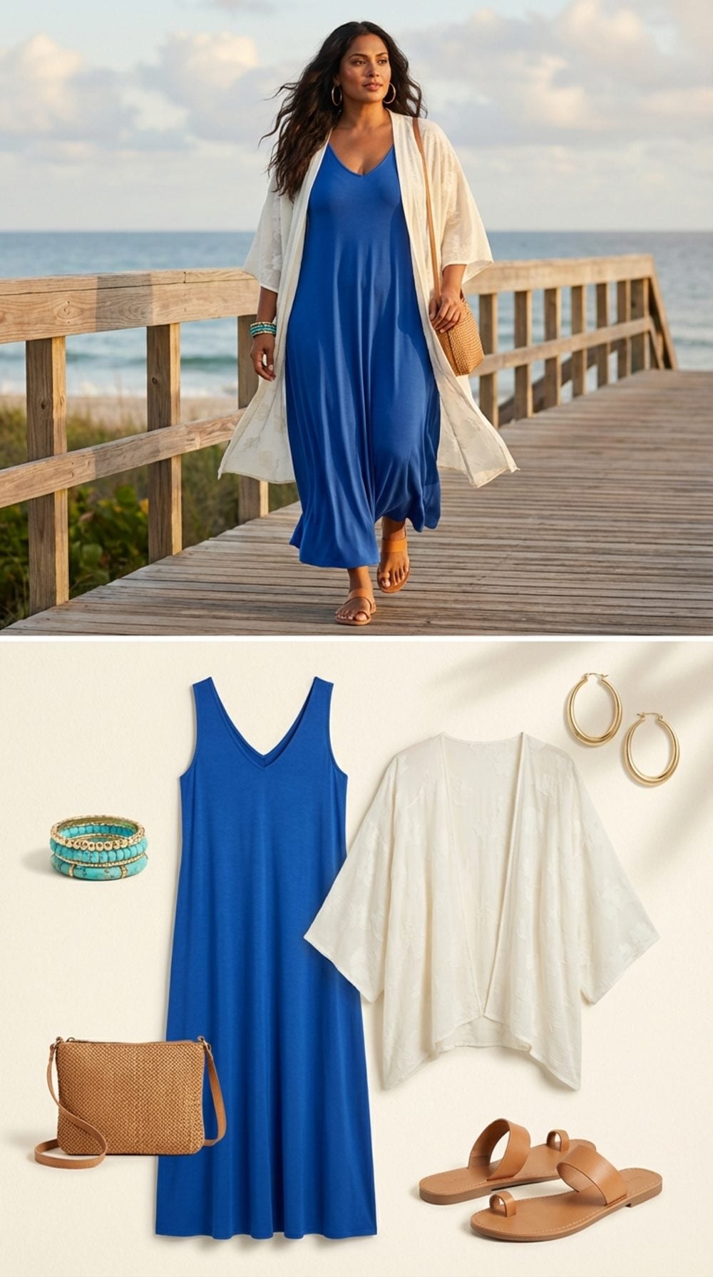 Sleeveless V-Neck Maxi + Draped Open Kimono: Length Is the Real Slimmer