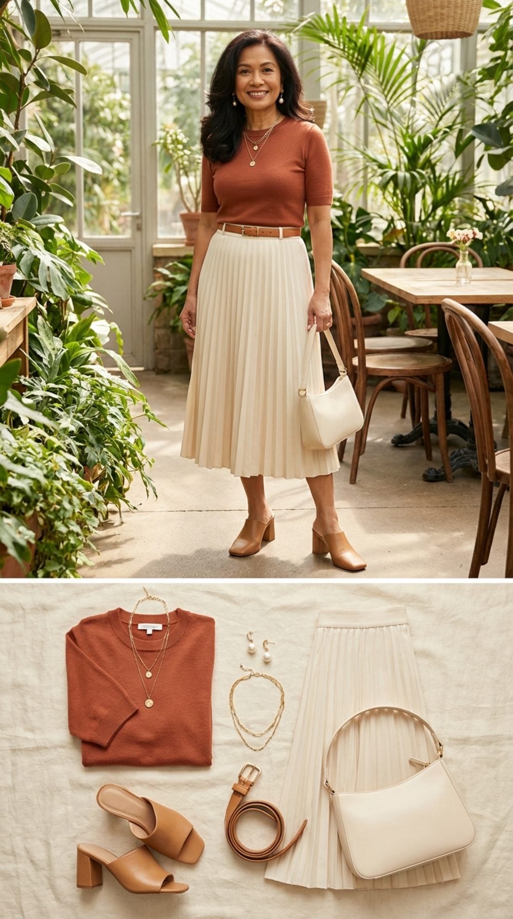 Short-Sleeve Sweater Tucked Into a Pleated Midi: The Texture Story That Defines Without Trying