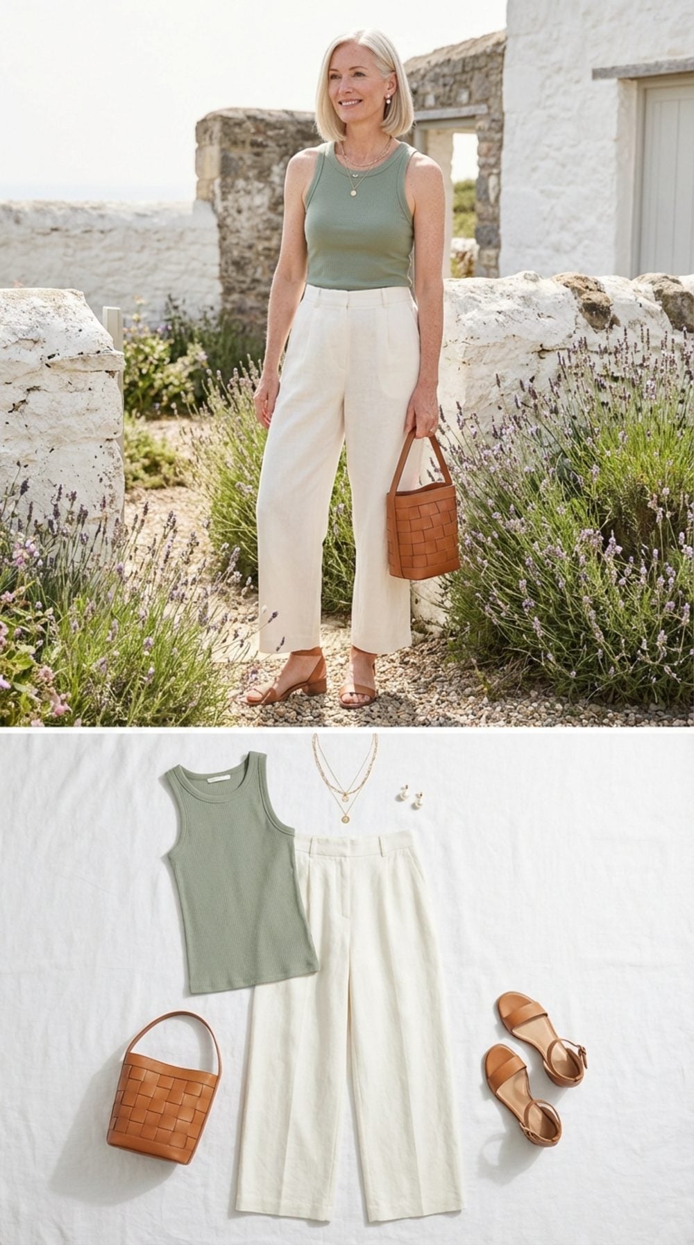 Wide-Leg Linen Trousers and a Tucked-In Fitted Tank for Effortless Summer Architecture