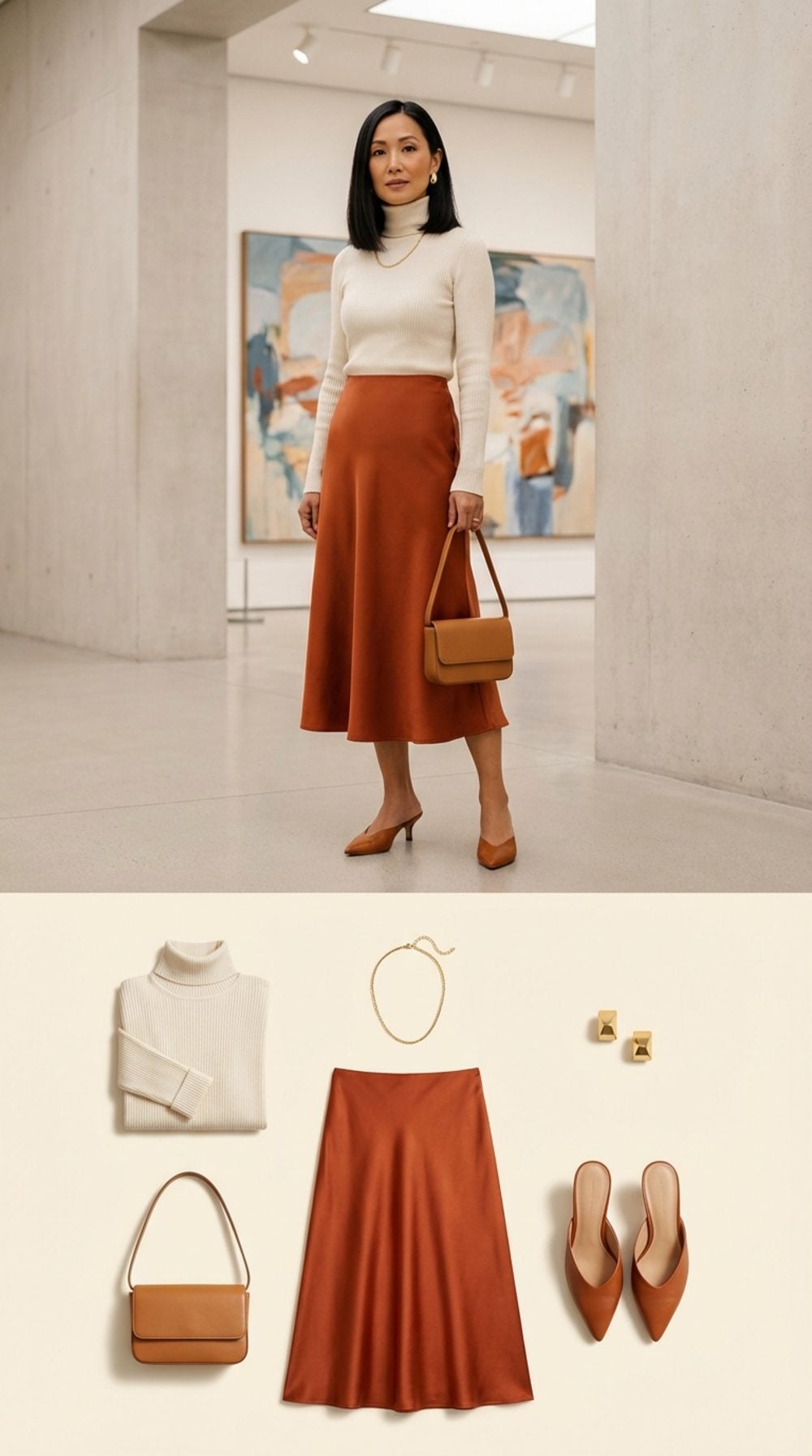 An A-Line Midi Skirt with a Ribbed Fitted Turtleneck Half-Tucked and Confident
