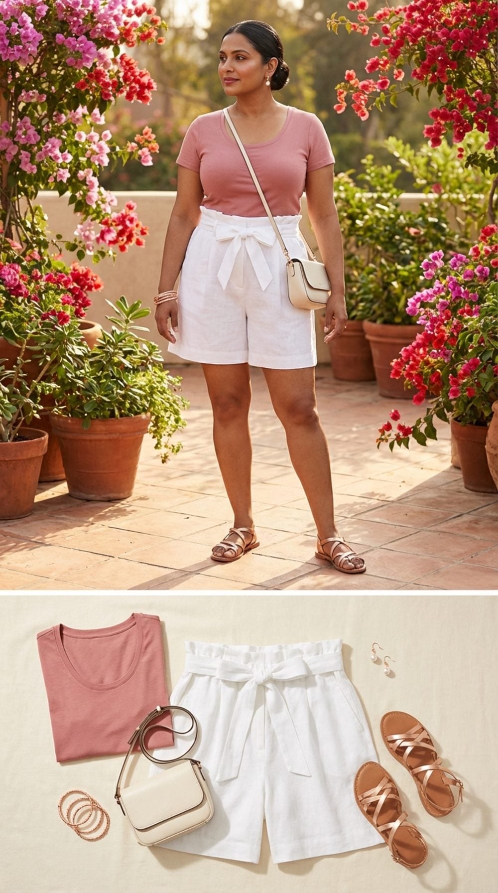 A Fitted Scoop-Neck Tee and High-Waisted Paperbag Shorts with a Bow That Finishes It
