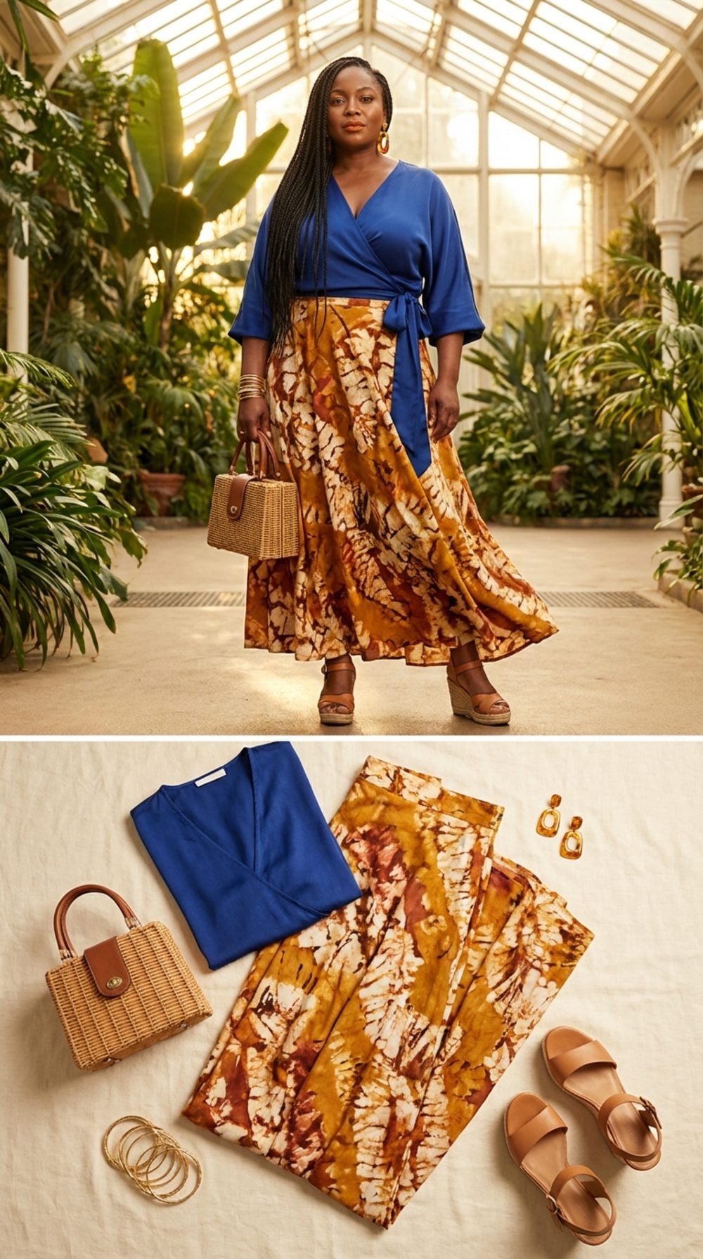 A Wrap Top and High-Waisted Contrast-Print Maxi Skirt That Plays by Its Own Rules