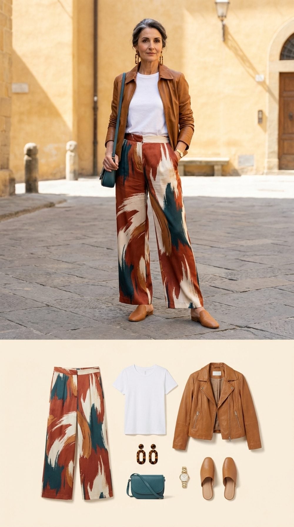 Printed Silk Trousers, a Plain White Tee, and a Caramel Leather Jacket: Three Ingredients, One Argument