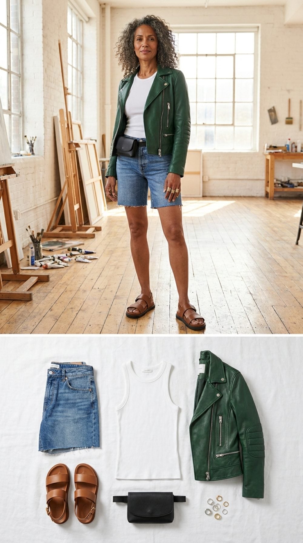 Forest Green Leather Biker, Cut-Off Denim Shorts, and the Confidence of the Off-Duty Artist