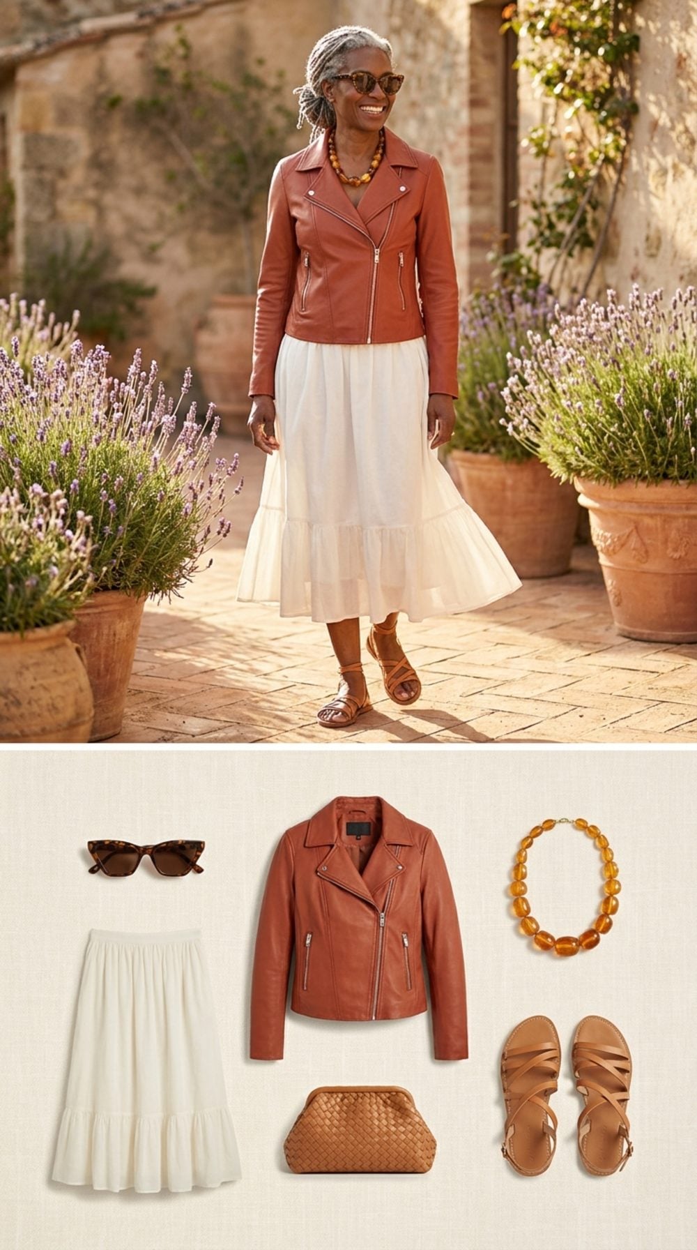 Terracotta Dreams: A Moto Jacket Over a Flowing Midi Skirt