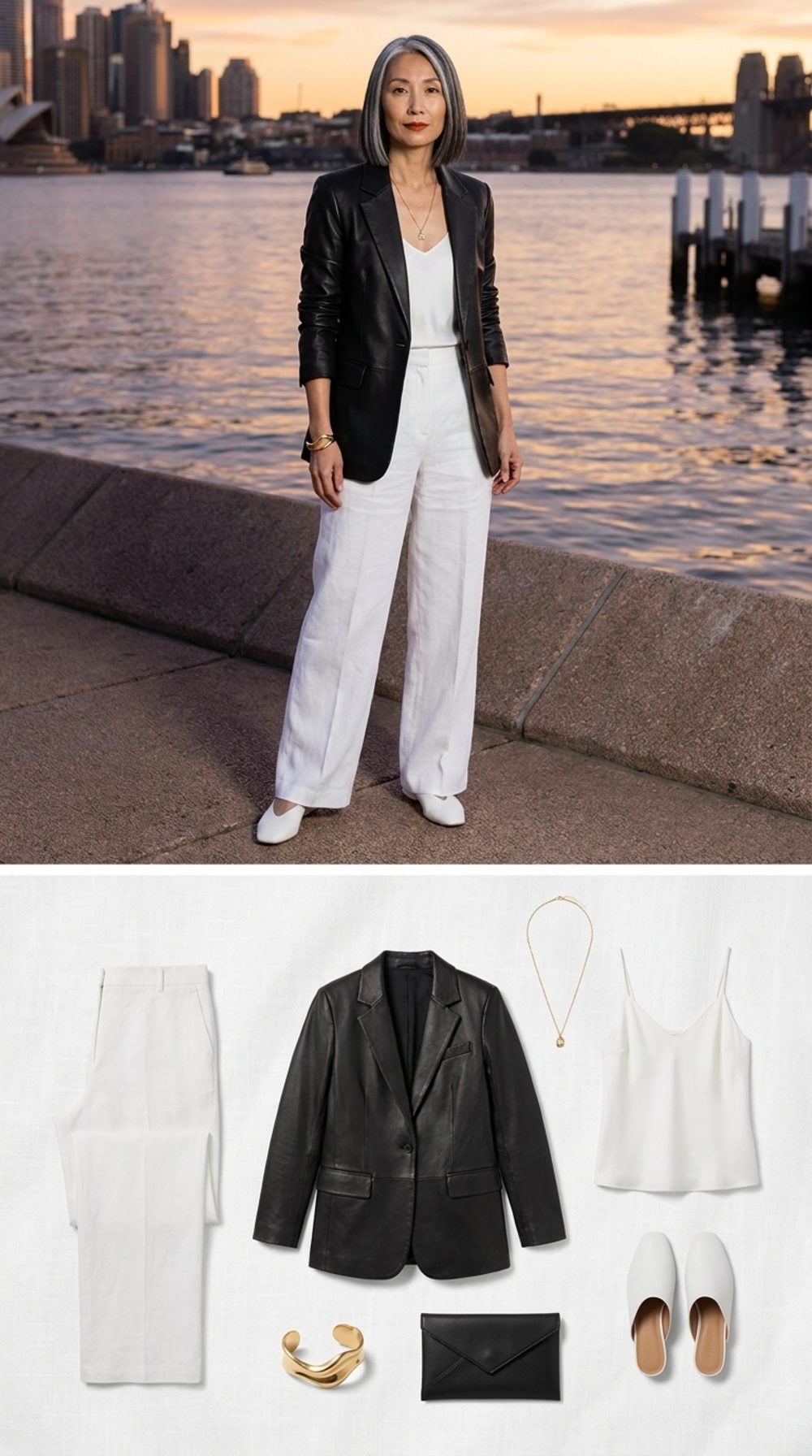 After Dark at the Harbour: Black Leather Blazer and Wide-Leg White Trousers