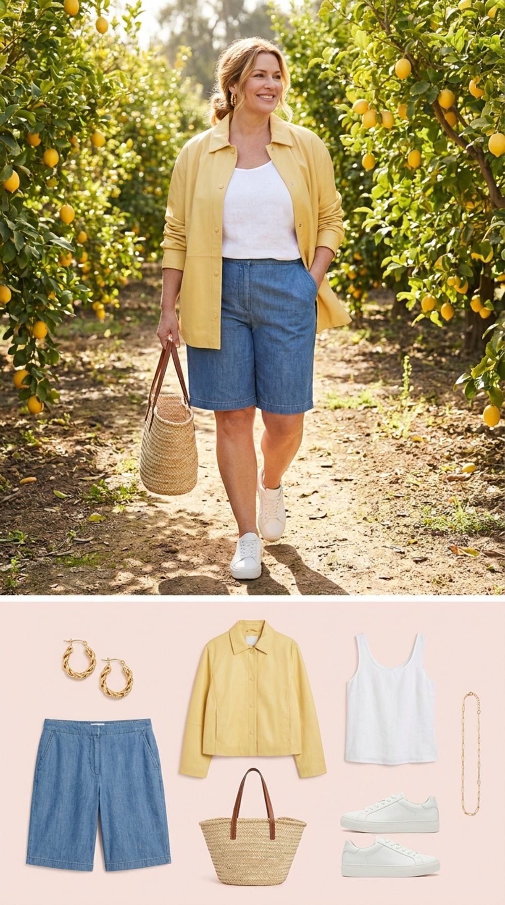 Lemon Grove Morning: Butter-Yellow Leather Jacket and Relaxed Chambray Shorts