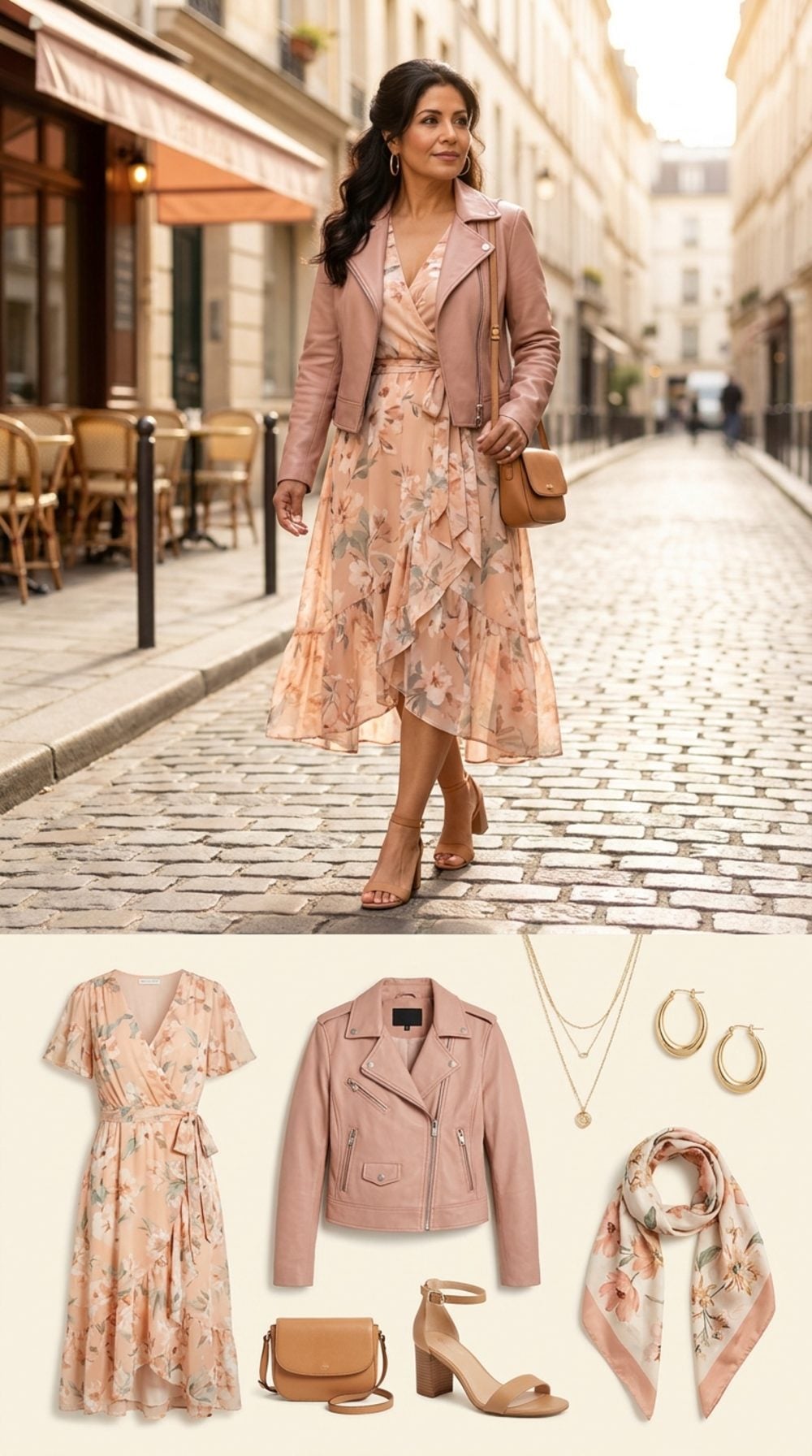 Roman Holiday Redux: Blush Pink Leather Jacket Over a Floral Wrap Dress
