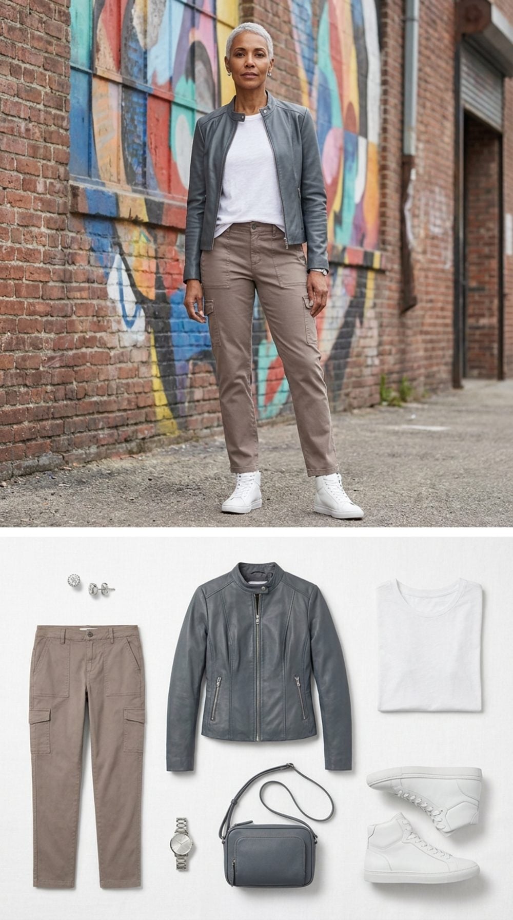 Concrete Poetry: Slate Grey Leather Jacket, Utility Cargo Pants, and White Trainers