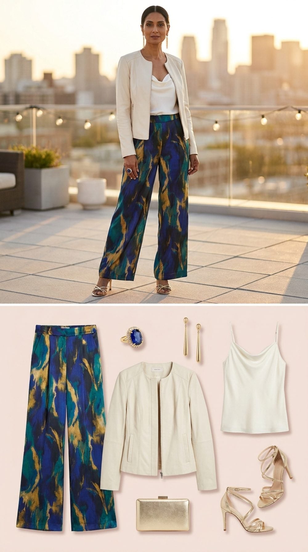 Summer Soirée on the Rooftop: Ivory Leather Jacket and Silky Printed Palazzo Trousers