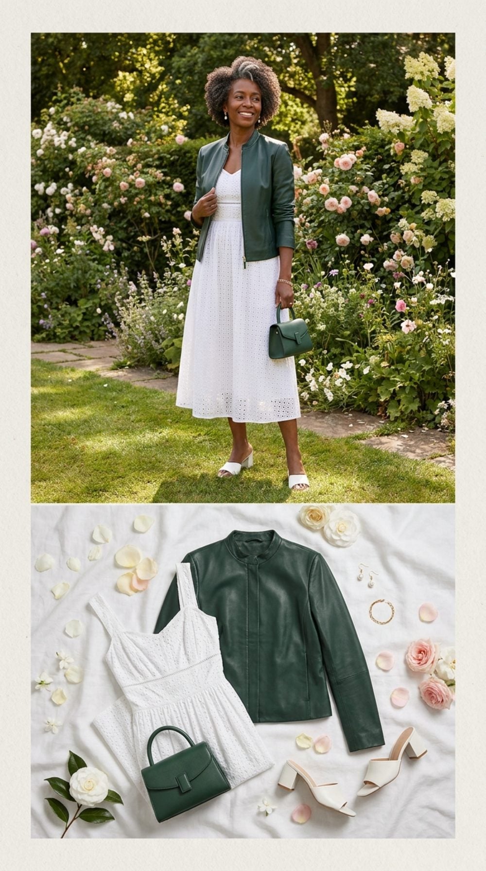 Garden Party with a Sharp Edge: Forest Green Leather Jacket Over a White Broderie Anglaise Midi