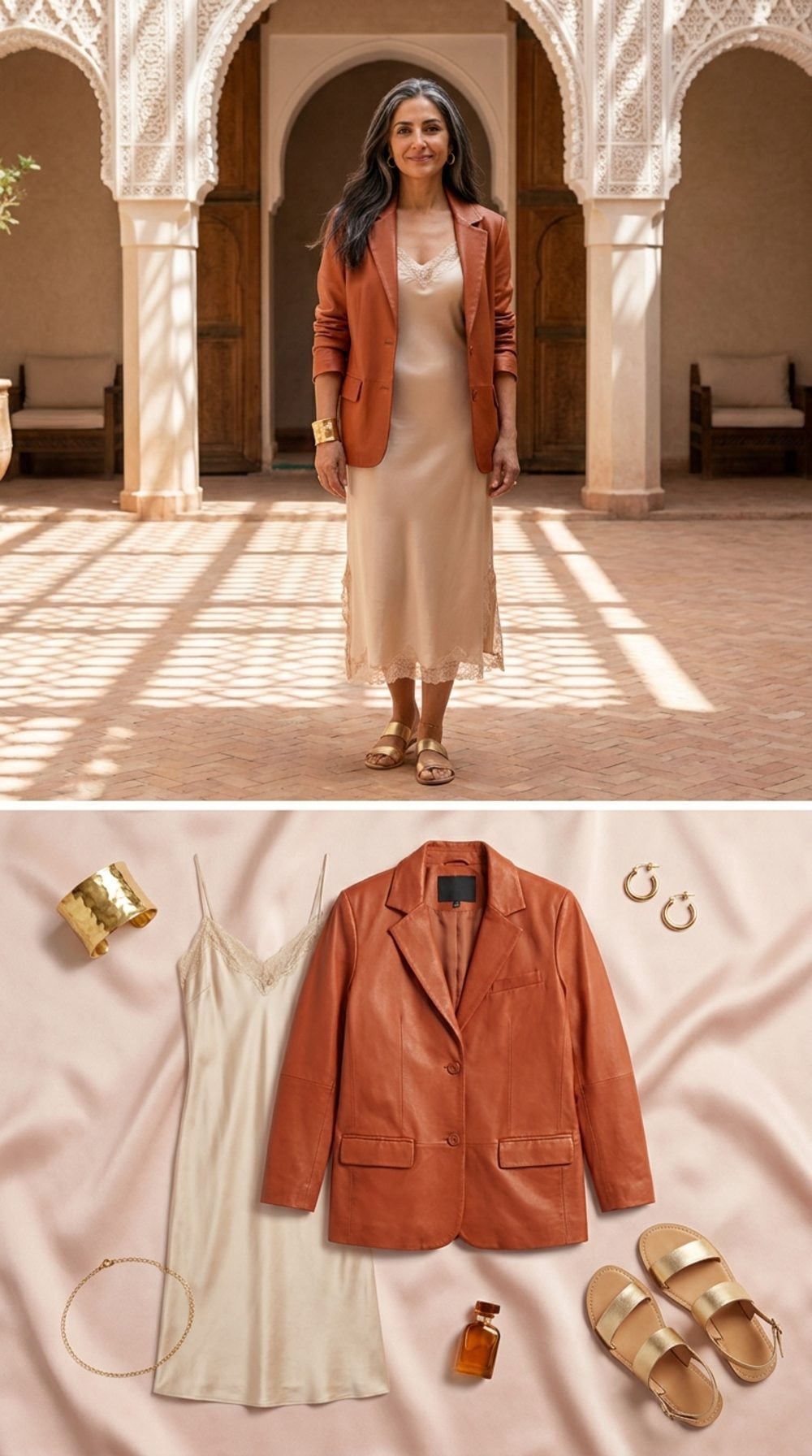Saffron and Silk: A Burnt Orange Leather Jacket Over a Fluid Slip Dress
