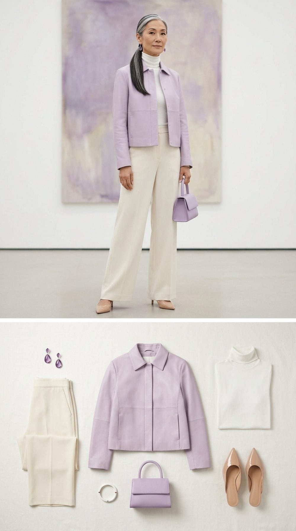 Lavender Hour: Pale Lilac Leather Jacket, Wide Cream Trousers, and Nude Mules