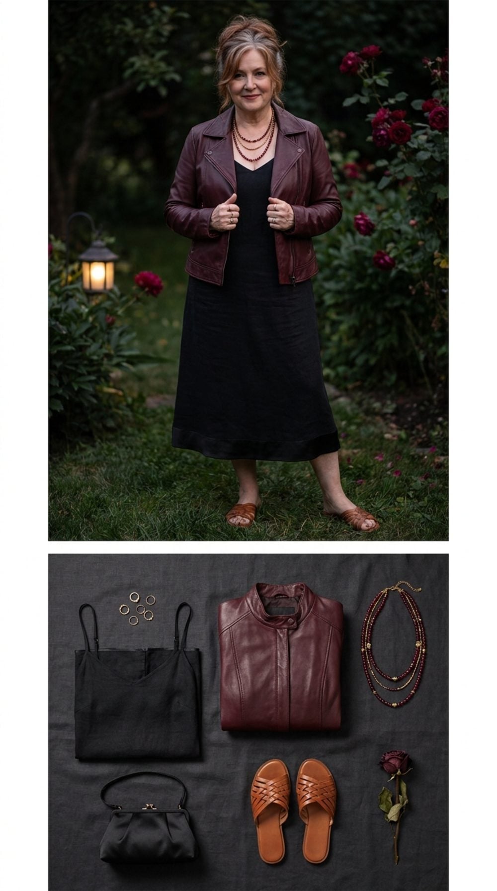 Midnight Garden: Burgundy Leather Jacket Over a Black Linen Slip and Woven Sandals