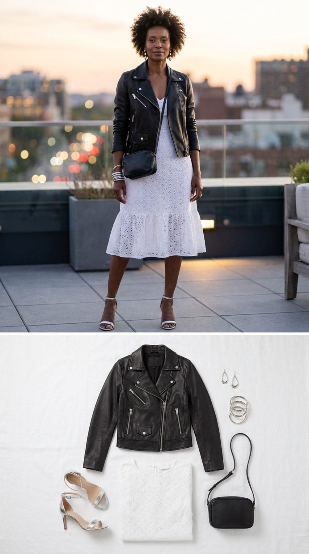 Rooftop Bar at Dusk: White Broderie Anglaise and a Black Biker Jacket