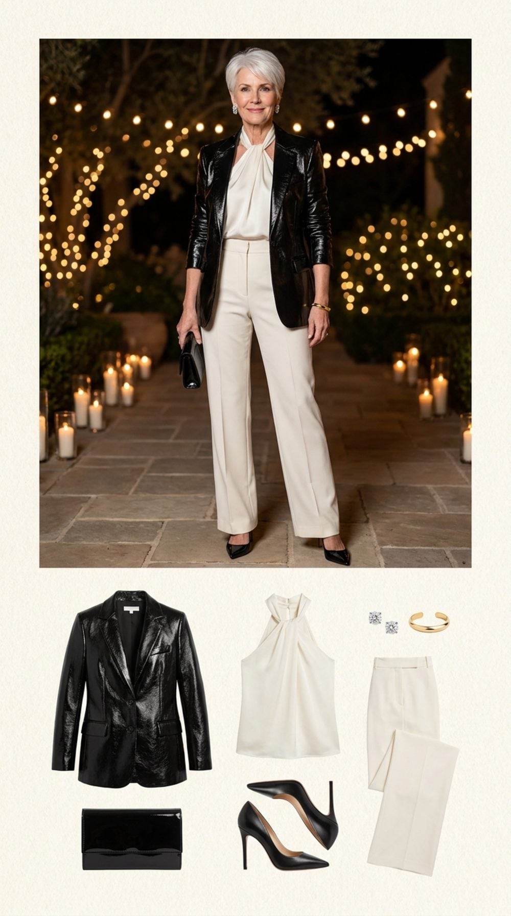 Midnight Soiree on the Terrace: Ivory Silk Halter, Wide-Leg Trousers, and a Black Patent Leather Blazer