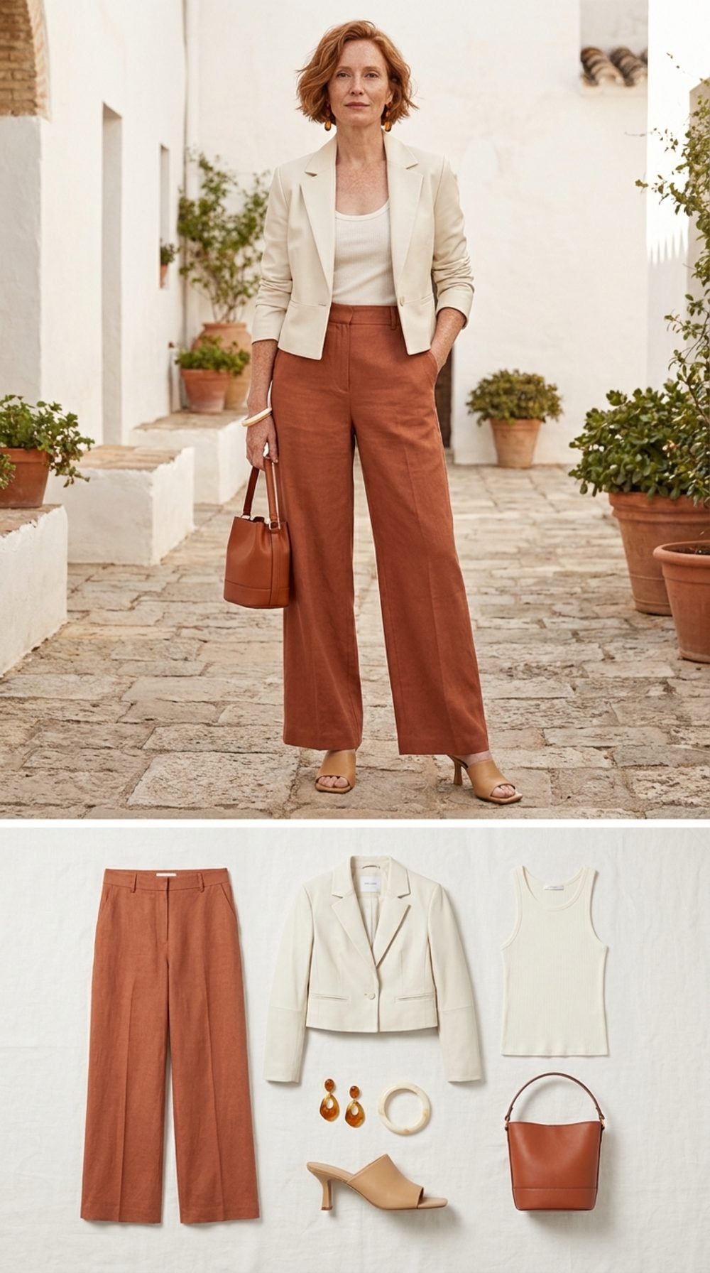Terracotta Linen Trousers, a Cropped Ivory Leather Blazer, and the Art of the Warm Palette