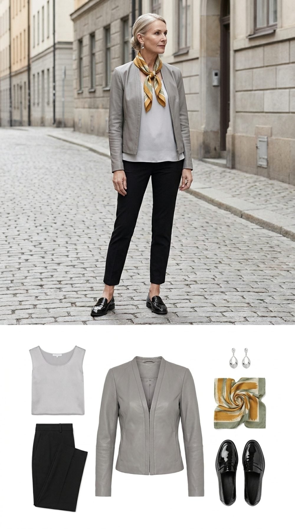 Midsummer Copenhagen: Dove Grey Leather, Black Cigarette Trousers, and a Single Silk Scarf
