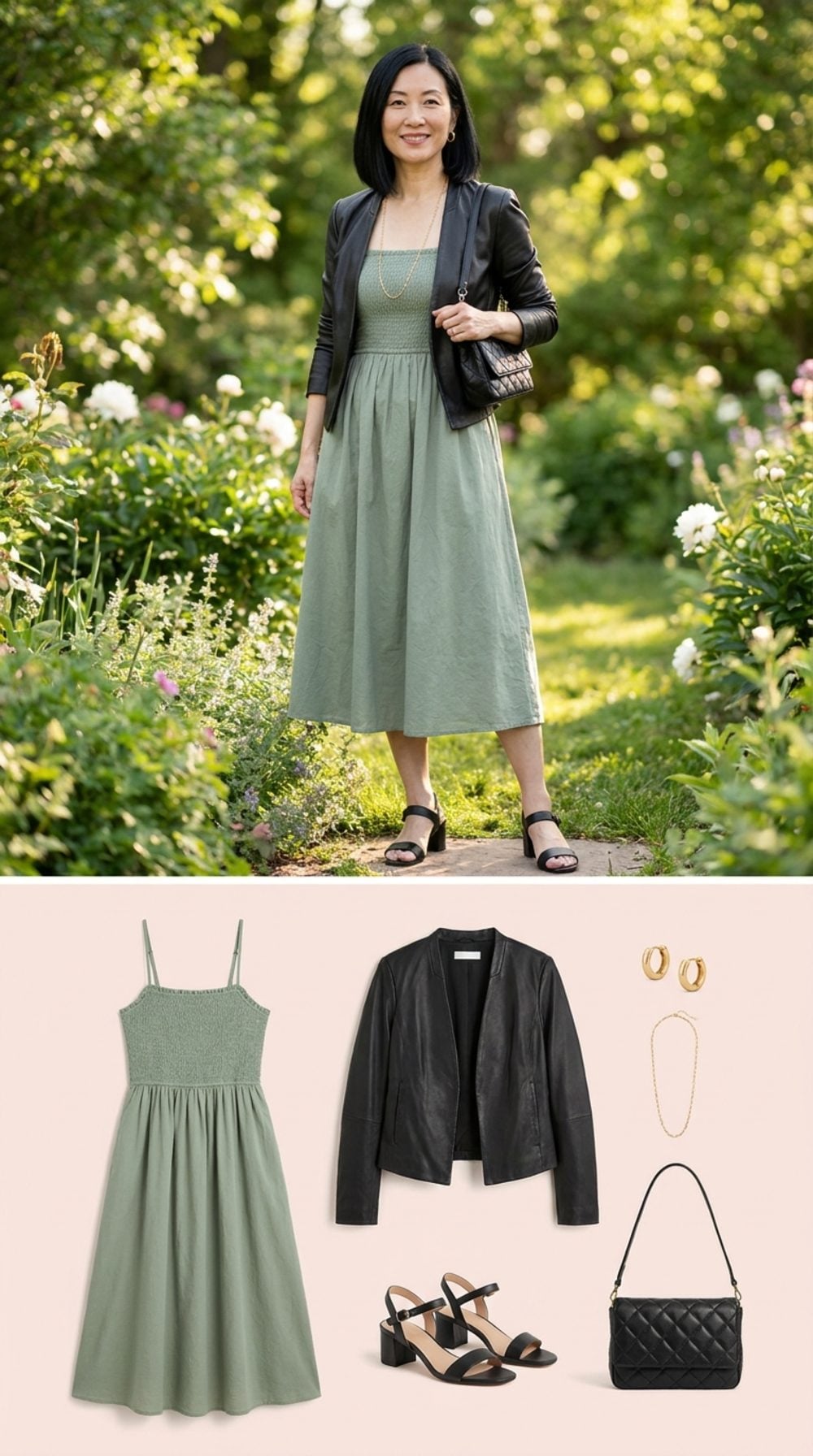 Sage Green Sundress Under a Supple Black Leather Jacket: The Garden Party After Dark