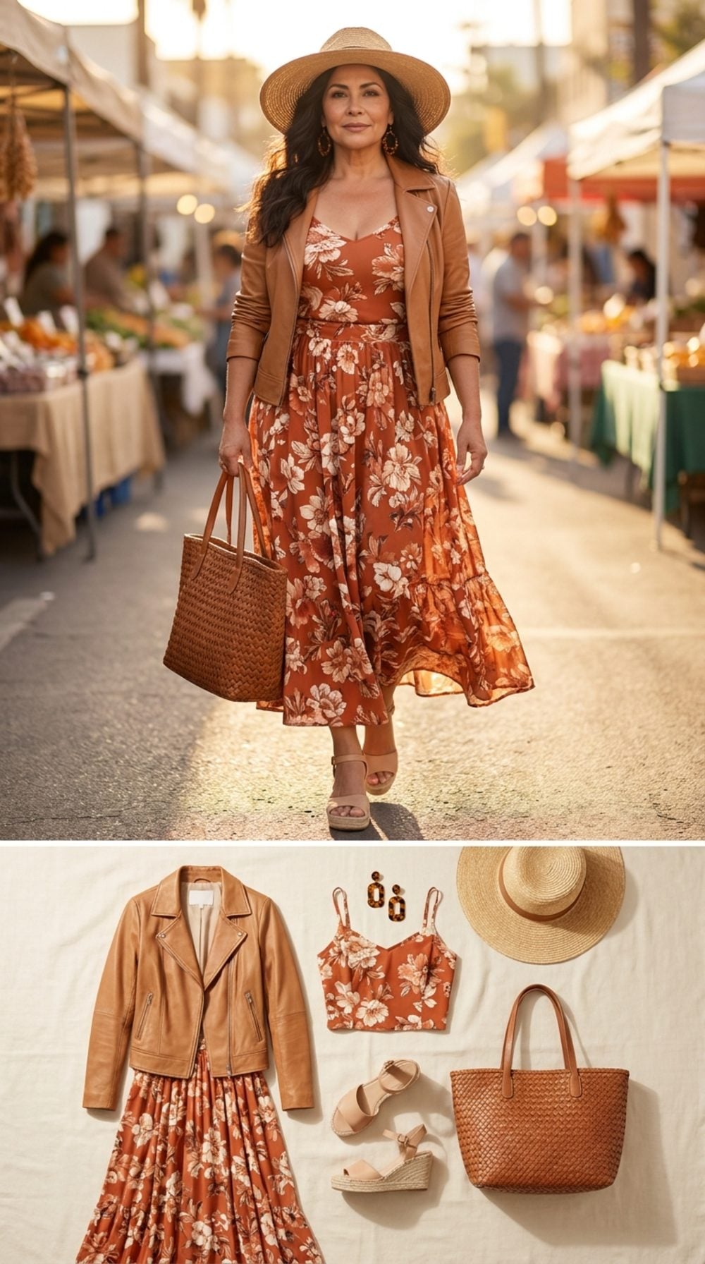 Wide-Brim Hat, Printed Maxi, and a Tan Leather Jacket That Ties the Story Together