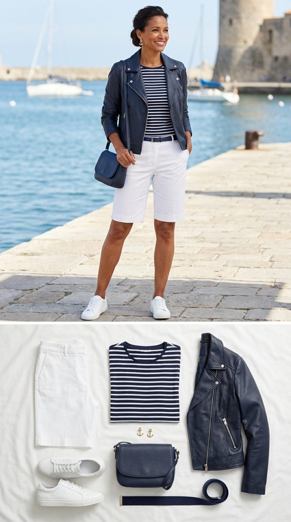 Crisp White Shorts, a Navy Leather Moto, and the Unexpected Cool of a Summer Night