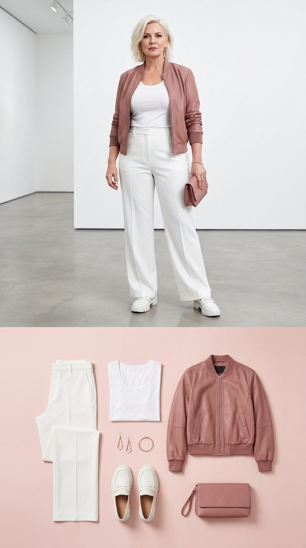 Dusty Rose Leather Bomber and White Wide-Legs: Softness as a Power Move