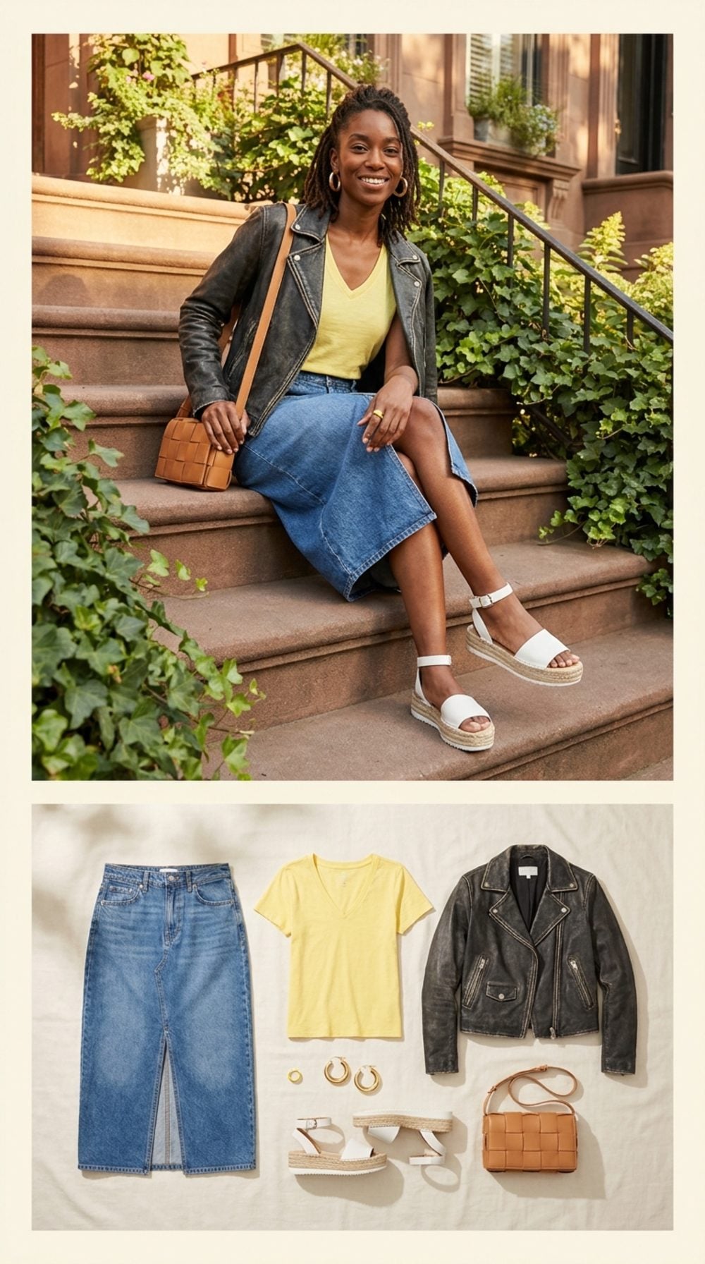 A Denim Midi Skirt, Crisp Lemon Tee, and Washed Black Leather: Summer Americana With Depth
