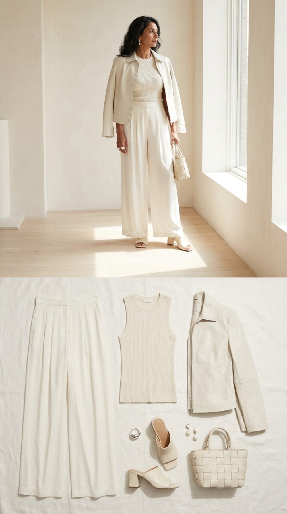 Head-to-Toe Cream With One Bone-White Leather Jacket: The Luxury of No Contrast