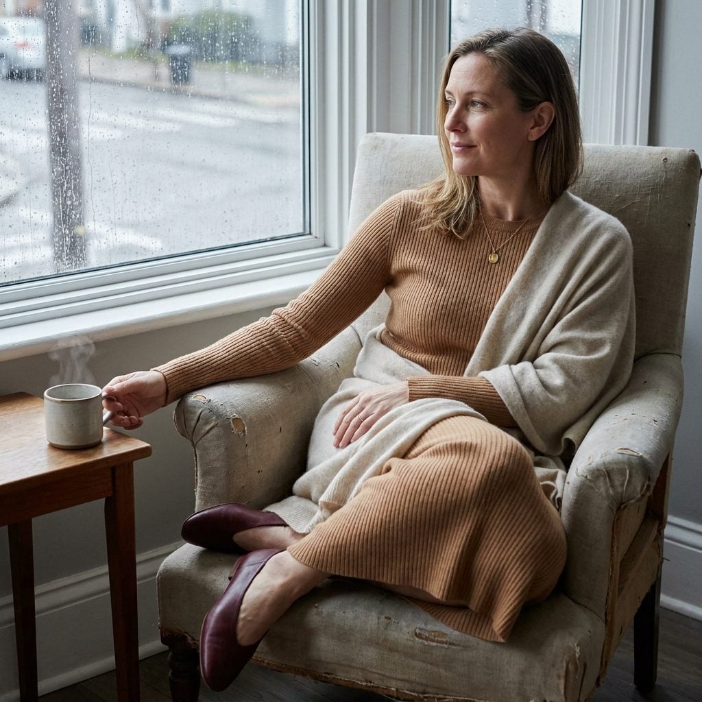 You Throw a Cashmere Wrap Over a Knit Dress Like It's a Sweater You Found in the Car