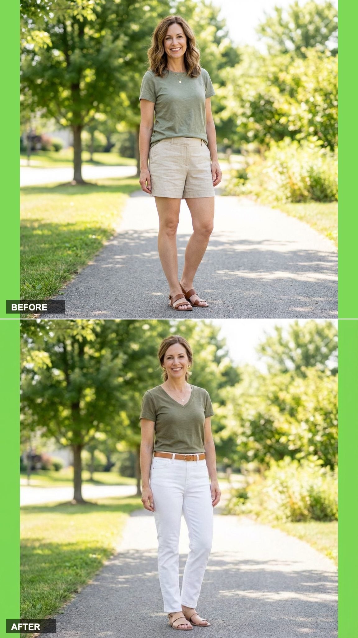 White High-Waist Jeans and a Tucked Olive Tee: The Clean-Line Formula